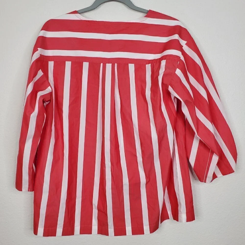 Trina Turk bees knees blouse tie sleeve boxy striped split neck pullover women M